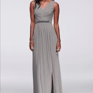 Long Mesh Dress with V-Neck and Beaded Waistband